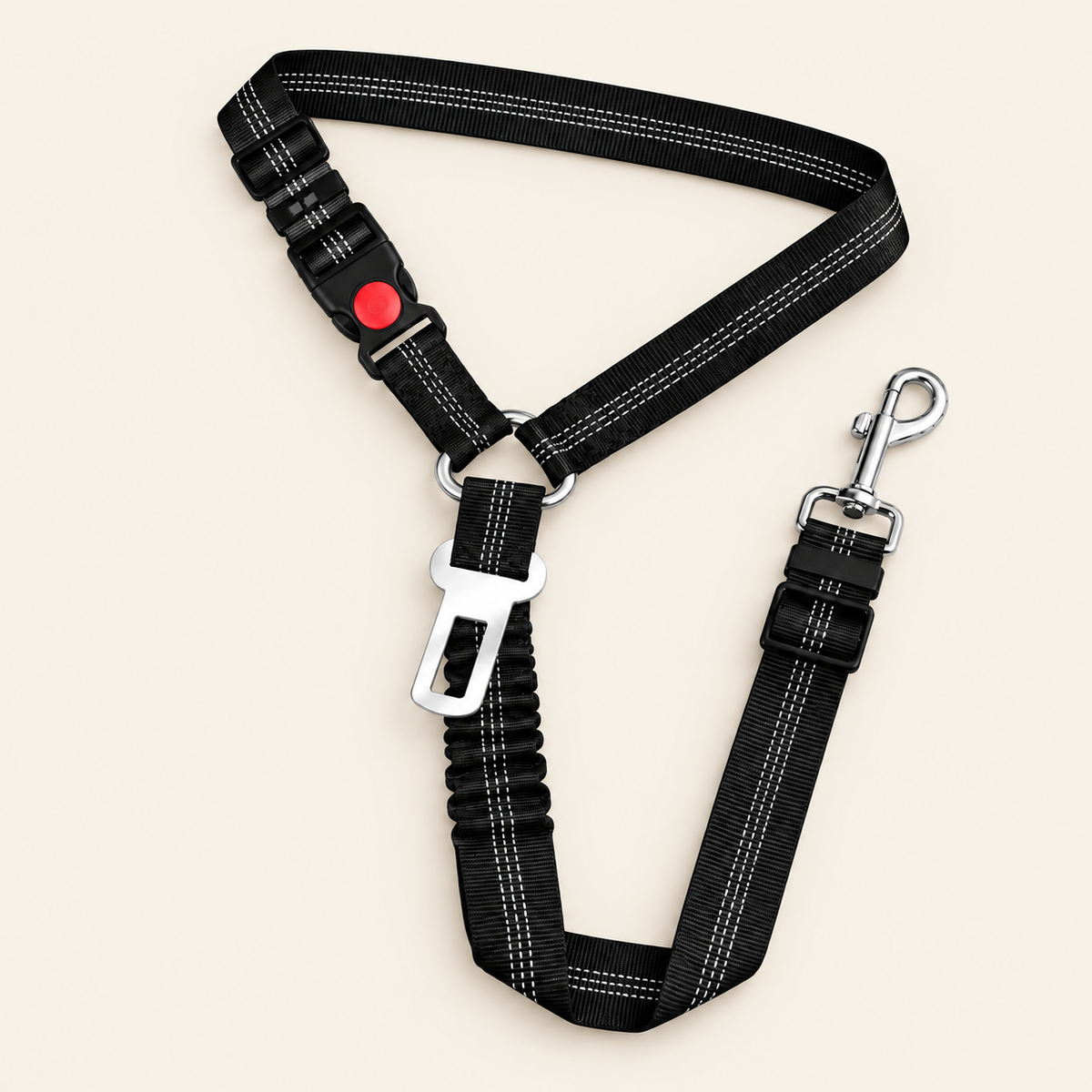 Black adjustable 2-in-1 dog car seat belt on a warm neutral background