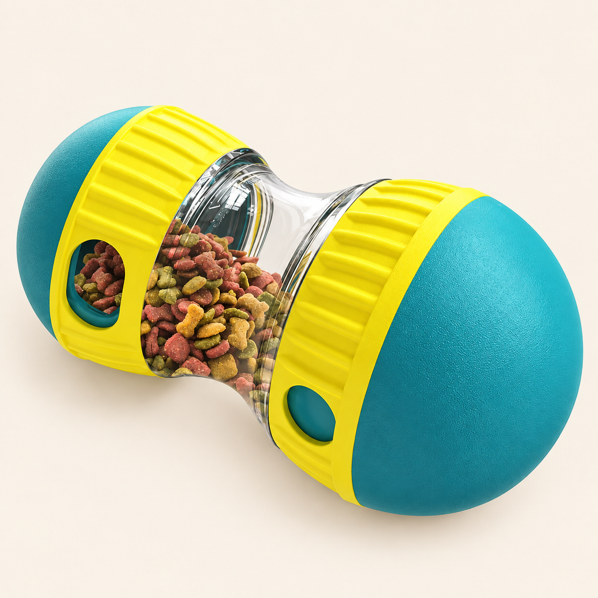 Teal and yellow Roll & Reward treat toy on a warm neutral background