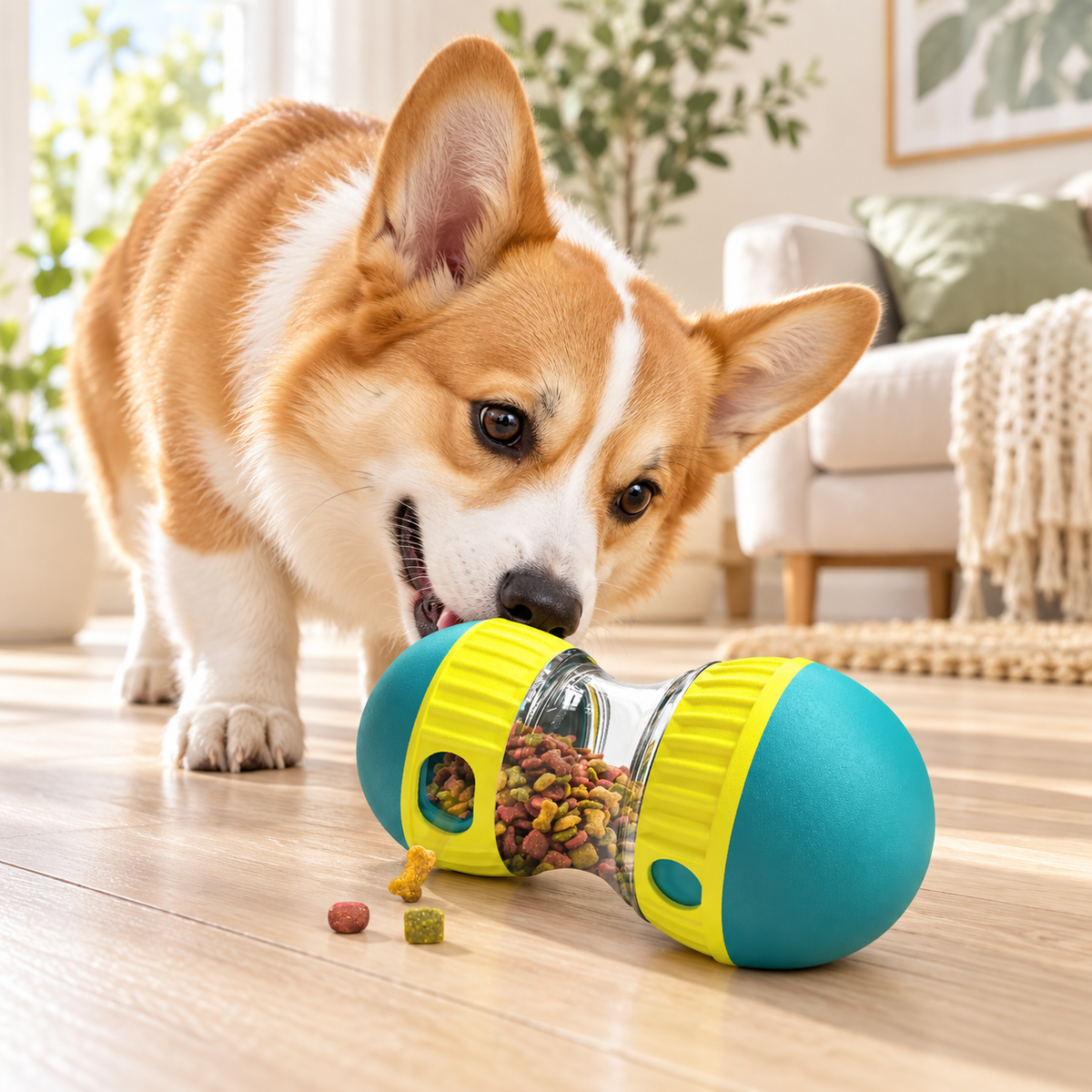 Corgi nudging the Roll & Reward treat toy on a timber floor