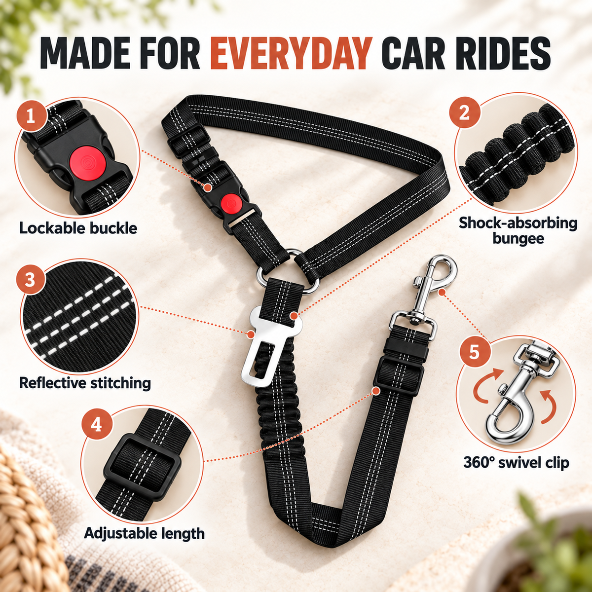 Features of the adjustable dog car seat belt, including the bungee buffer, locking buckle and swivel clip.
