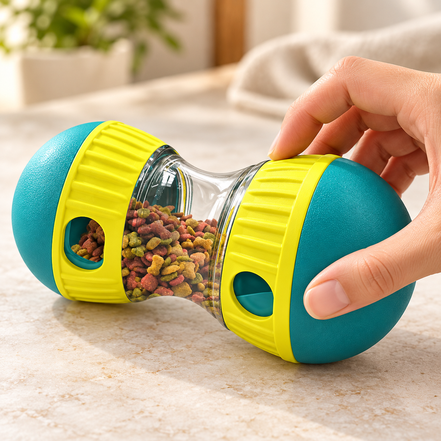 Hand adjusting the treat opening on the Roll & Reward toy