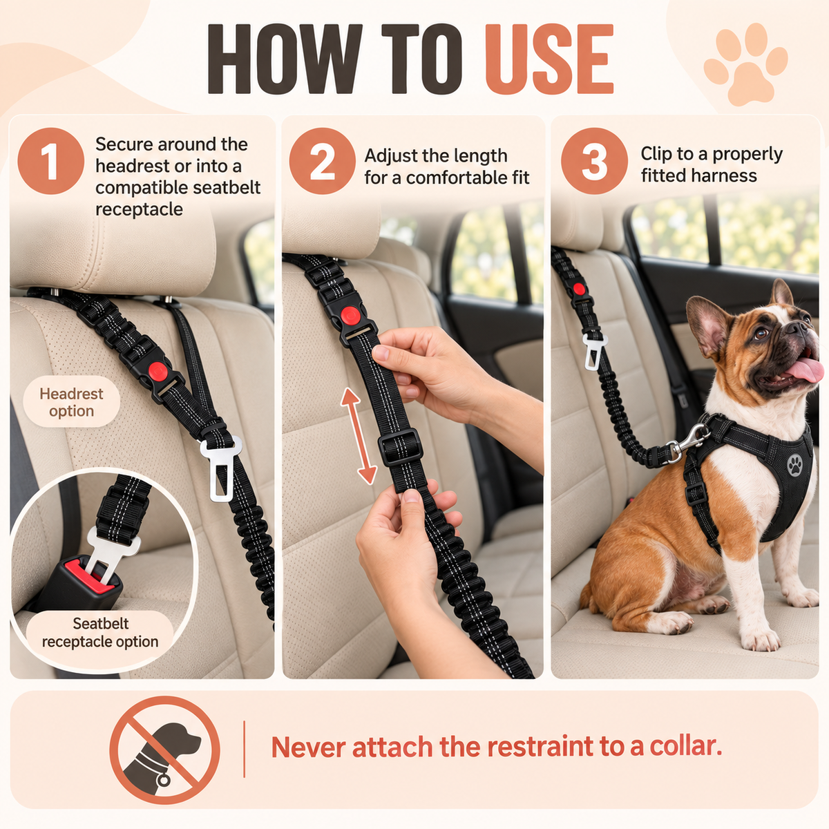 Three-step guide to secure, adjust and clip the dog car seat belt to a properly fitted harness.
