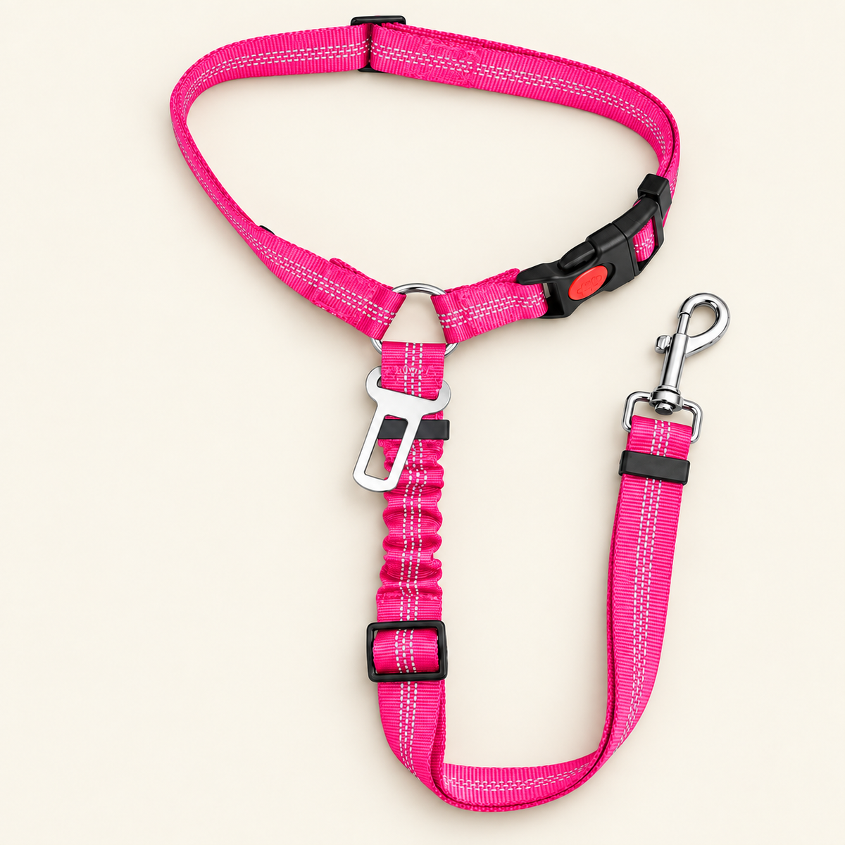 Pink adjustable 2-in-1 dog car seat belt on a warm neutral background