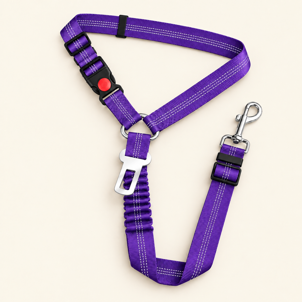 Purple adjustable 2-in-1 dog car seat belt on a warm neutral background