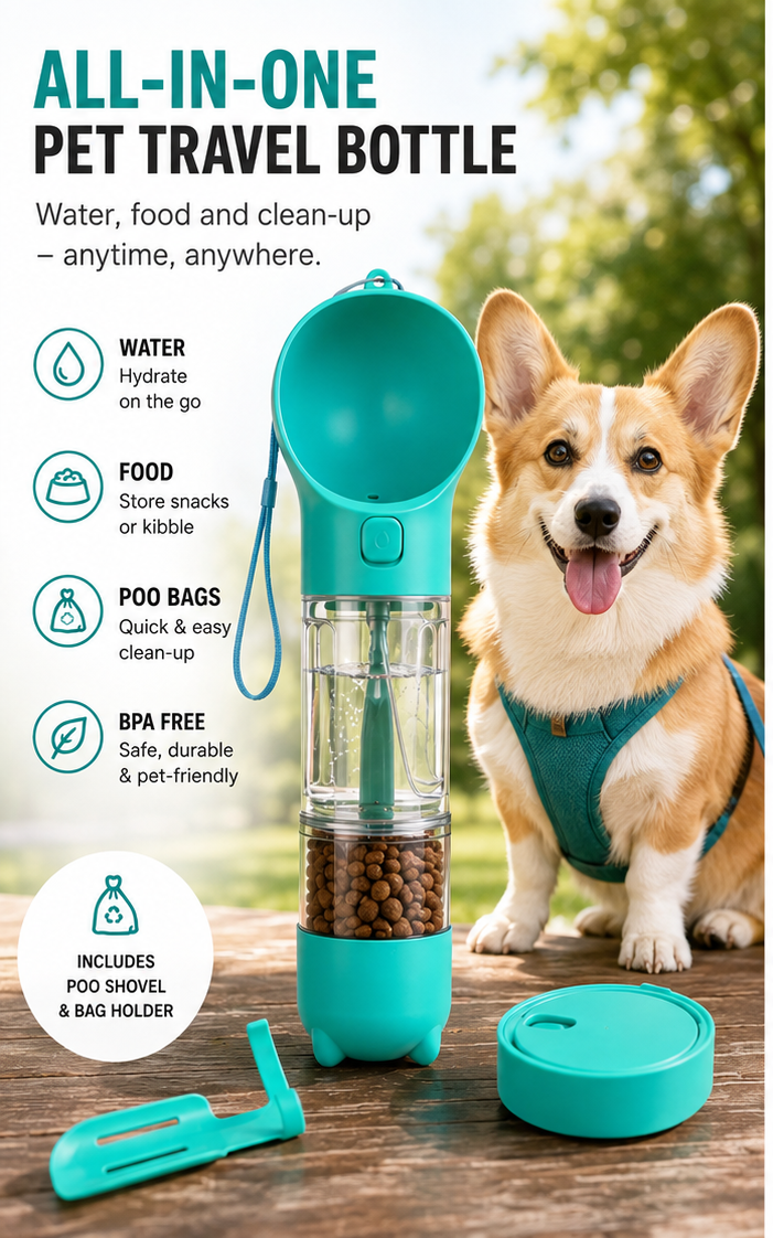 3-in-1 Pet Travel Water Bottle with Drinking Bowl & Food Container for Dogs