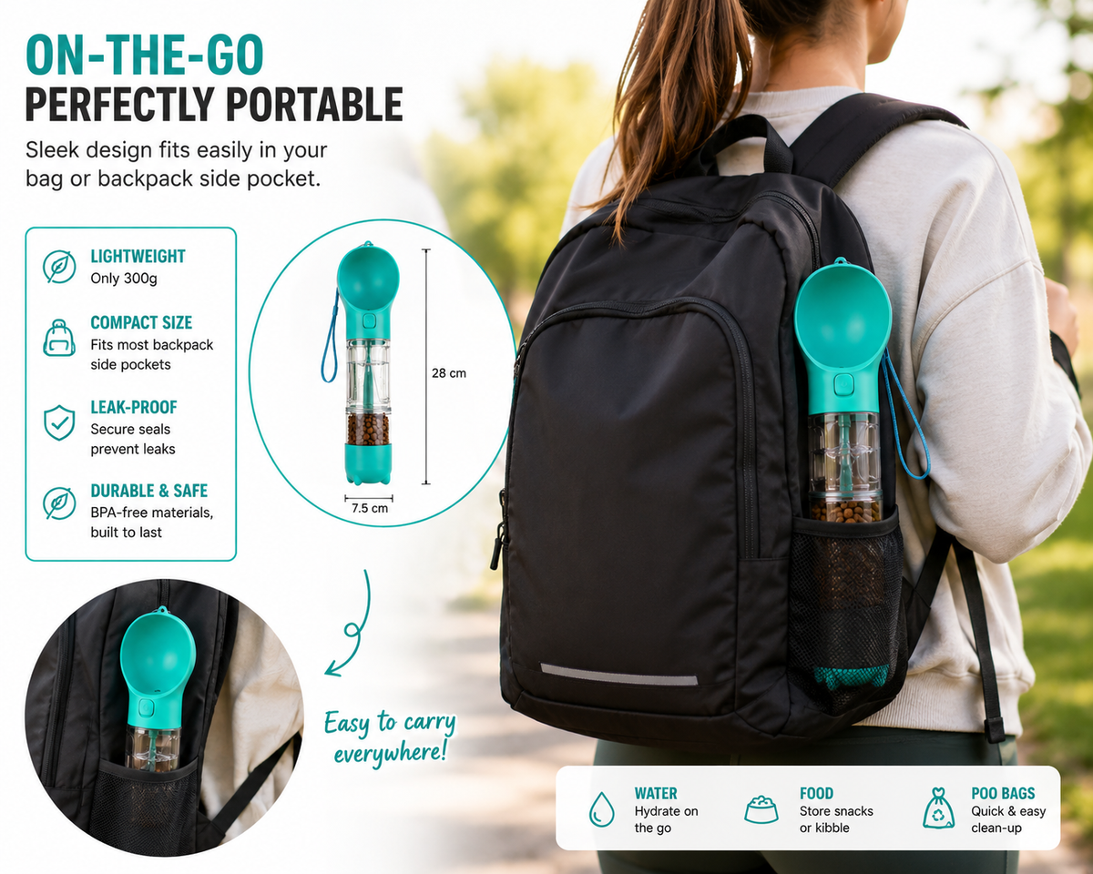 3-in-1 Pet Travel Water Bottle with Food Container & Poo Bag Dispenser