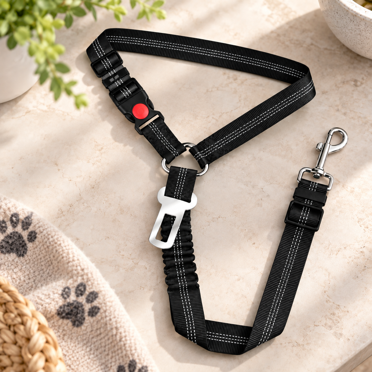 2-in-1 Adjustable Dog Car Seat Belt with Anti-Shock Bungee