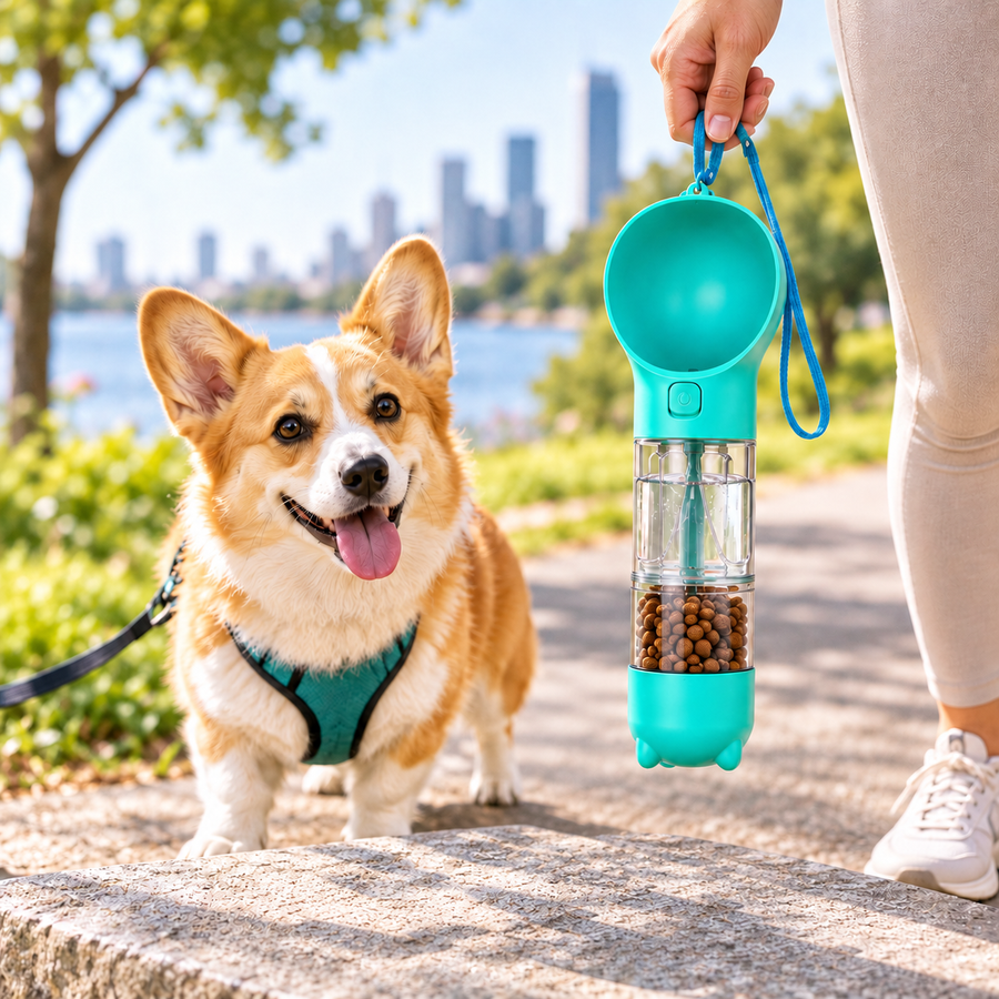 3-in-1 Pet Travel Water Bottle with Food Container & Poo Bag Dispenser