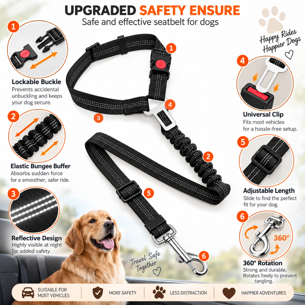 2-in-1 Adjustable Dog Car Seat Belt with Anti-Shock Bungee