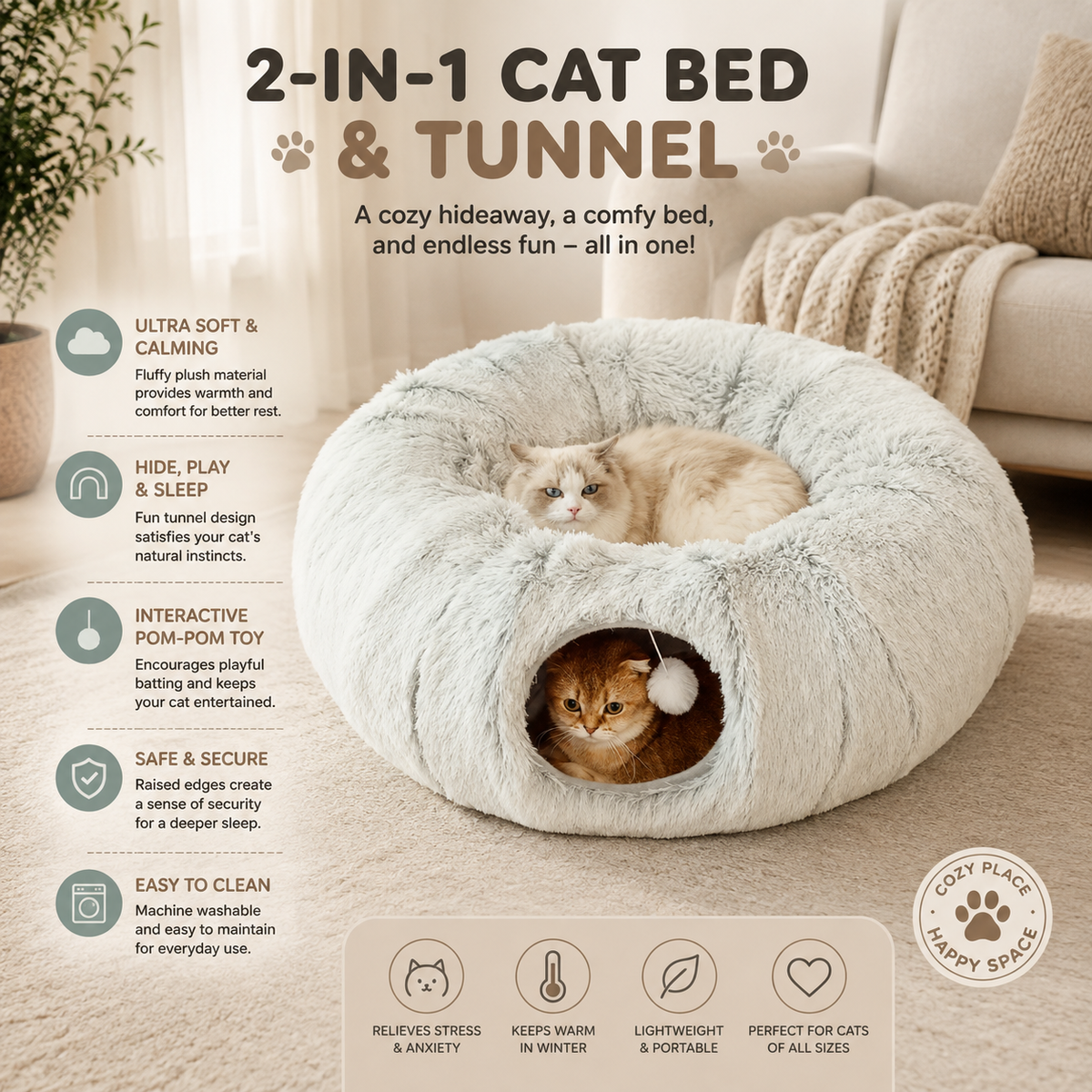 2-In-1 Cat Bed & Tunnel