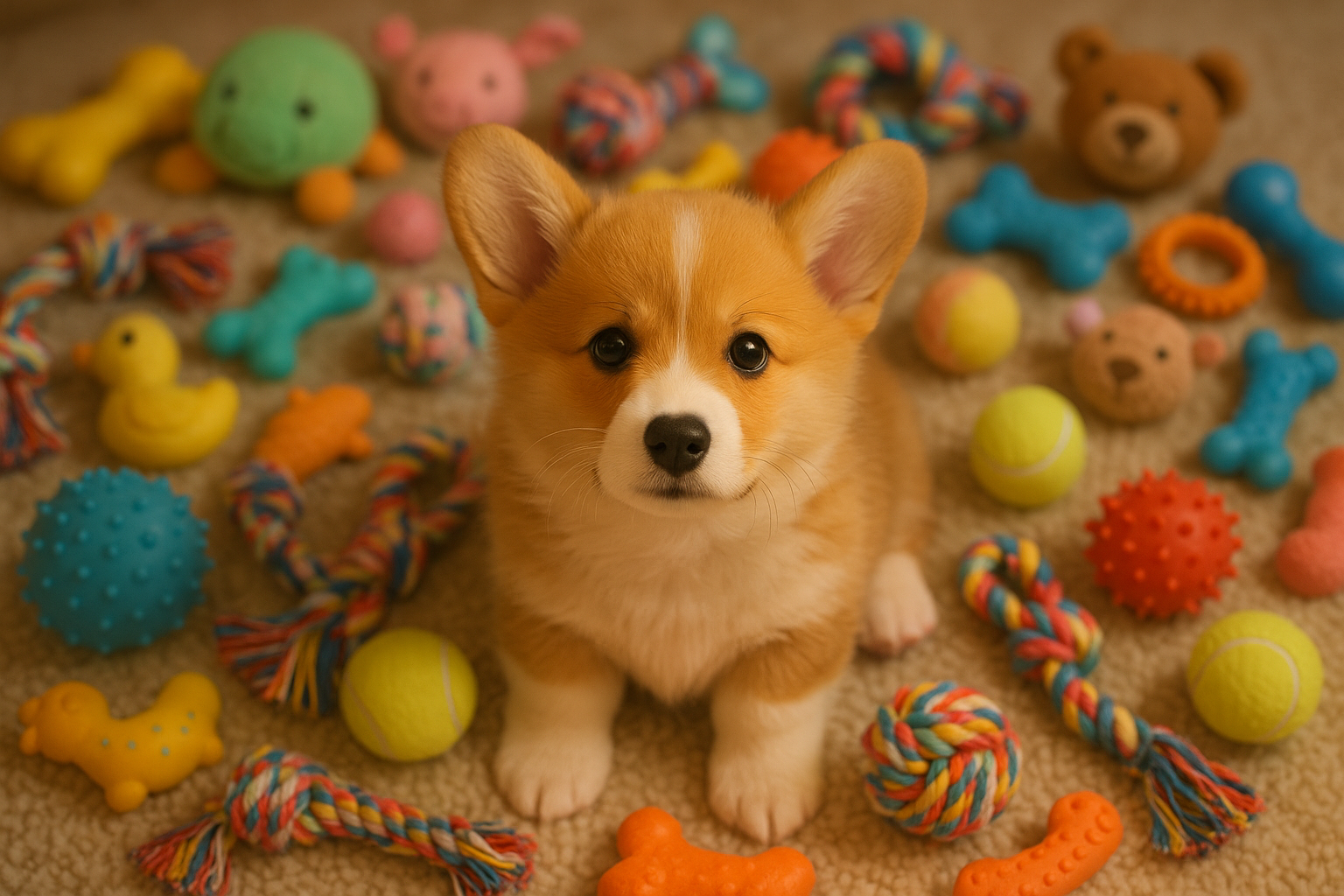 now a very cute corgi surrounded by toys